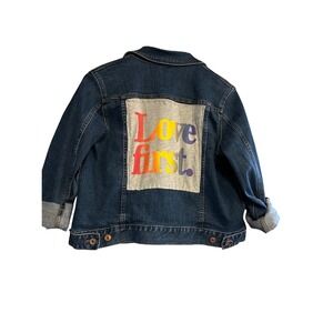 J. Crew Mercantile Jean Jacket Blue Sz M with Love First Back Hit On Jacket Back
